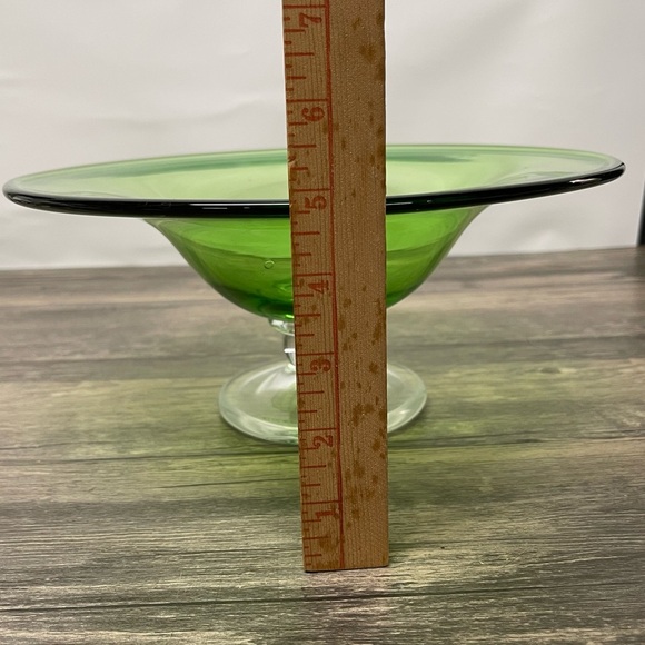 Vintage Mid-Century Italian Empoli Green Glass Tazza Compote Clear Foot Bowl 11" - Picture 6 of 9